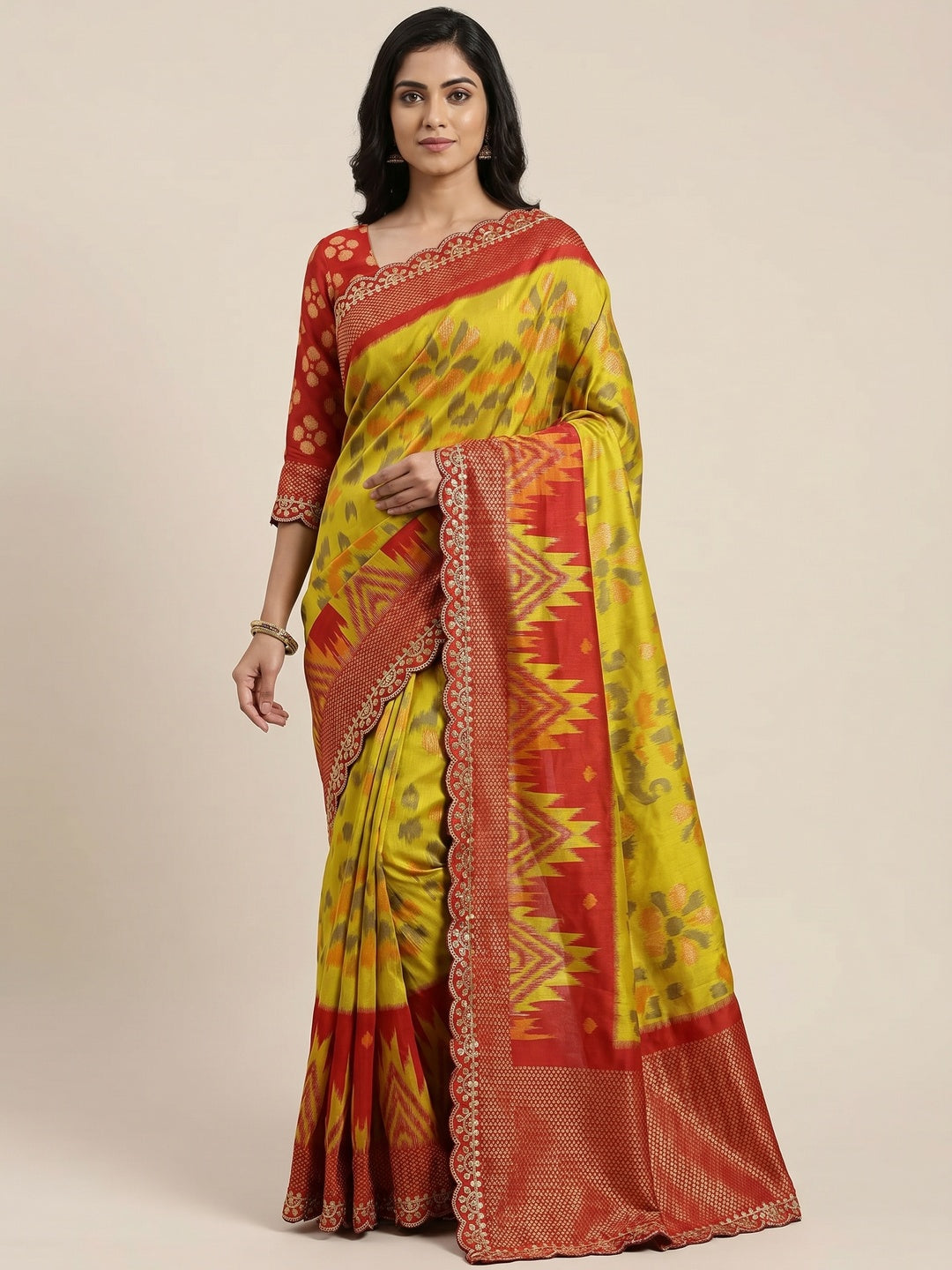 Olive Ikkat Printed Dola Silk Saree With Sequins Embroidery Border - Image 1