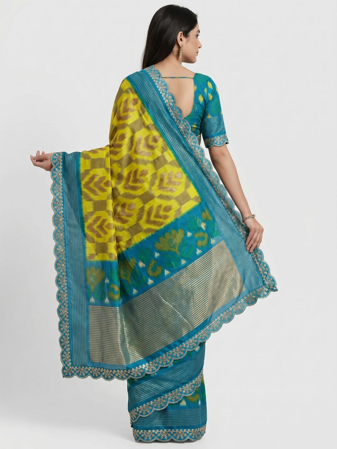 Lemon Yellow Ikkat Printed Dola Silk Saree With Sequins Embroidery Border - Image 2
