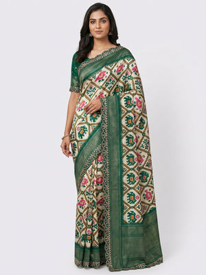 Off White & Green Ikkat Printed Dola Silk Saree With Sequins Embroidery Border - Image 1