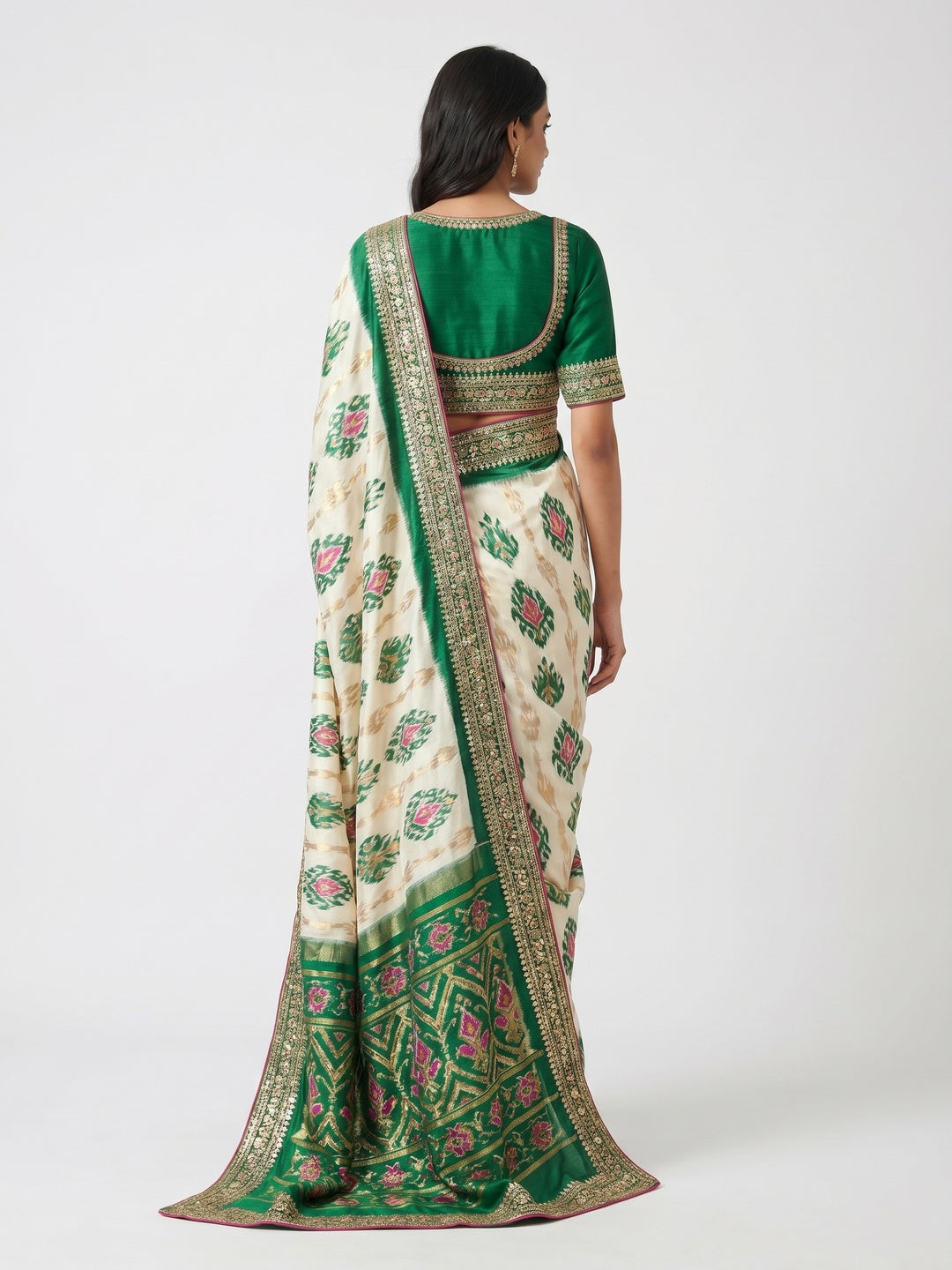 Off White & Green Ikkat Printed Dola Silk Saree With Sequins Embroidery Border - Image 2