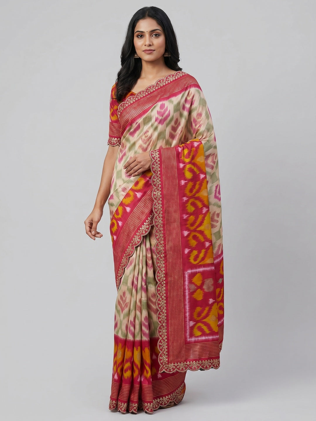 Beige & Pink Ikkat Printed Dola Silk Saree With Sequins Embroidery Border - Image 1