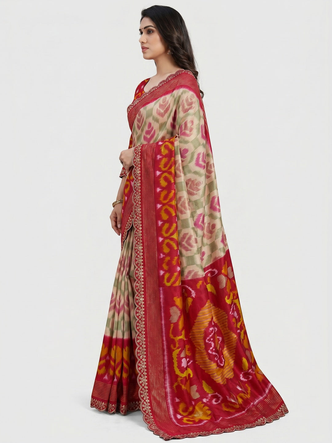 Beige & Pink Ikkat Printed Dola Silk Saree With Sequins Embroidery Border - Image 4