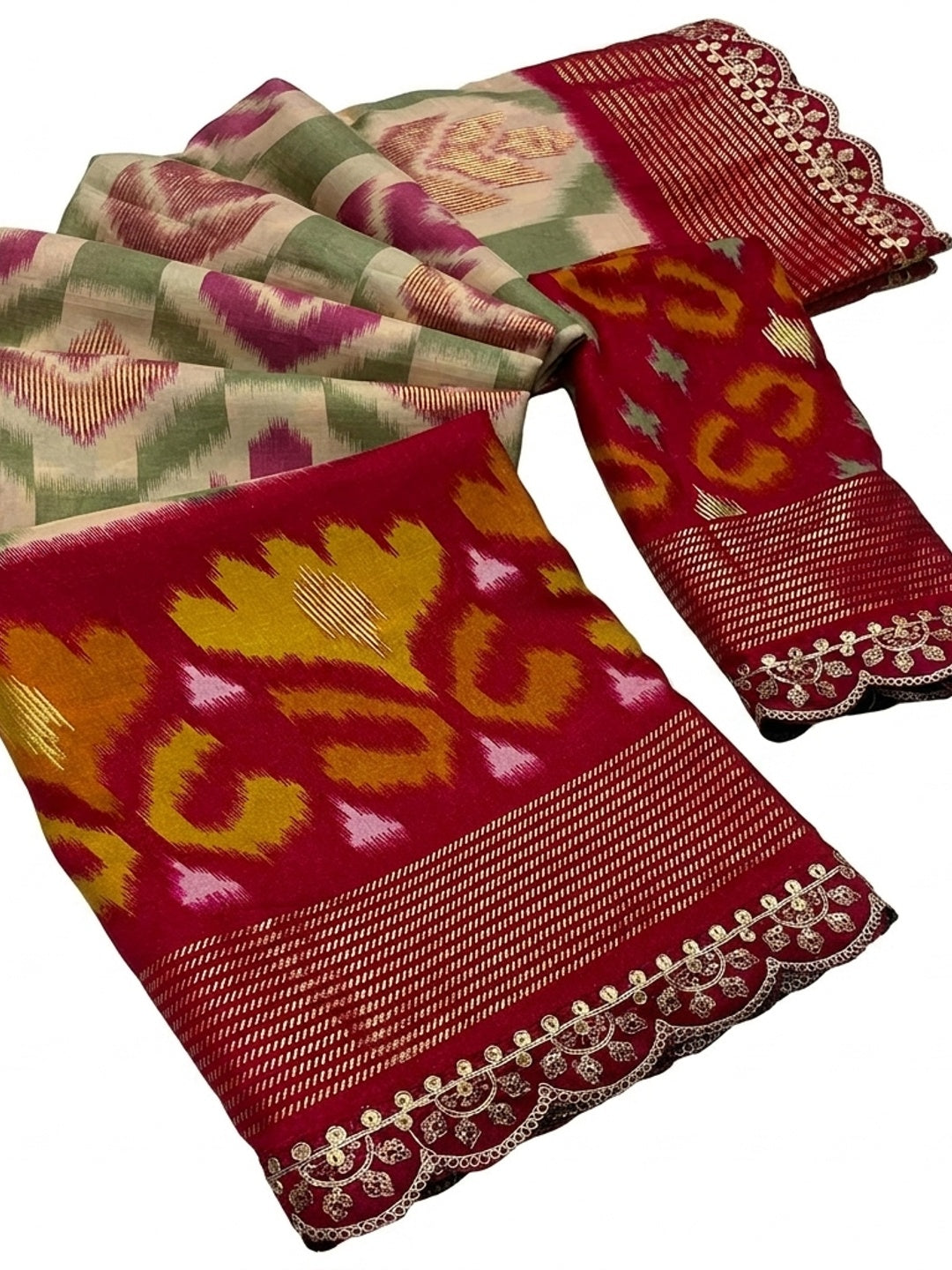 Beige & Pink Ikkat Printed Dola Silk Saree With Sequins Embroidery Border - Image 2