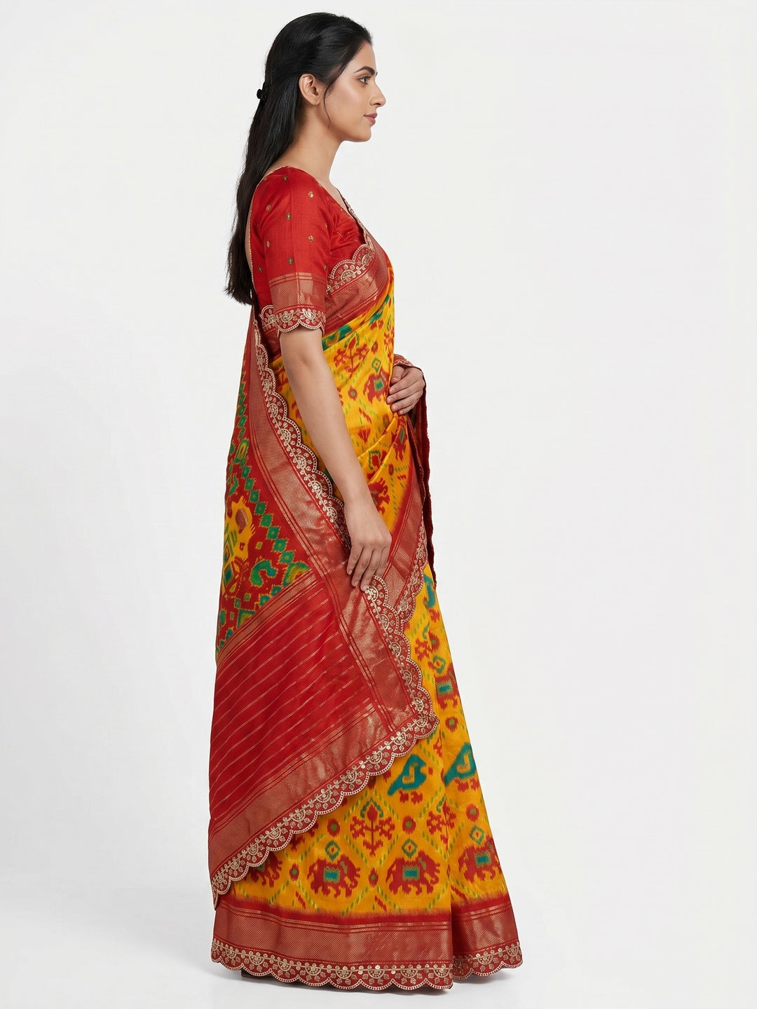Mustard & Red Ikkat Printed Dola Silk Saree With Sequins Embroidery Border - Image 2