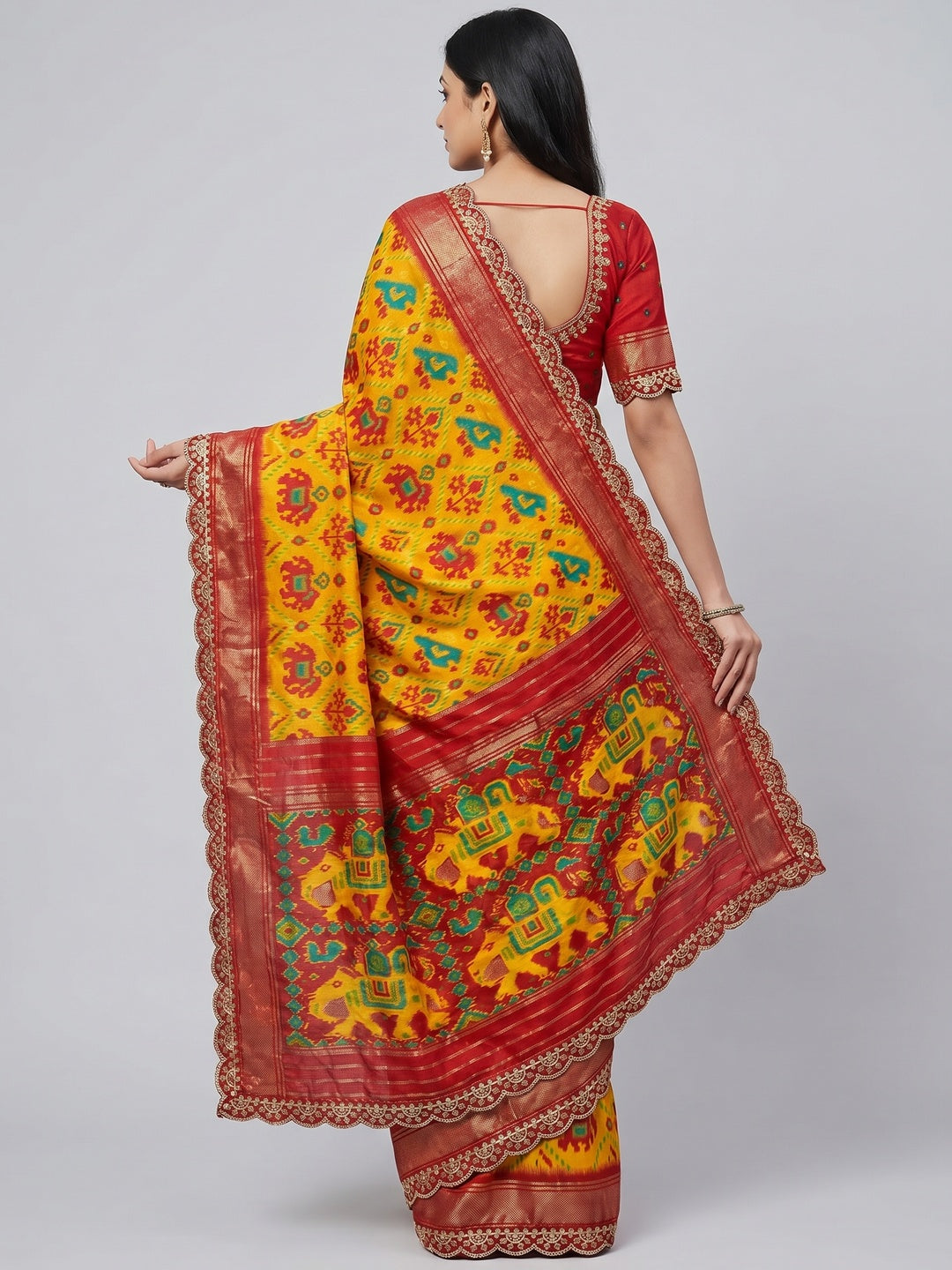 Mustard & Red Ikkat Printed Dola Silk Saree With Sequins Embroidery Border - Image 3