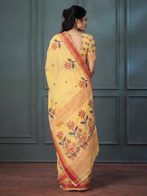Yellow Floral Woven linen Saree - Image 1