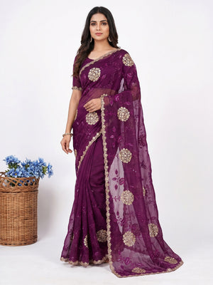 Purple Sequins Embroidered Chiffon Saree - Image 1