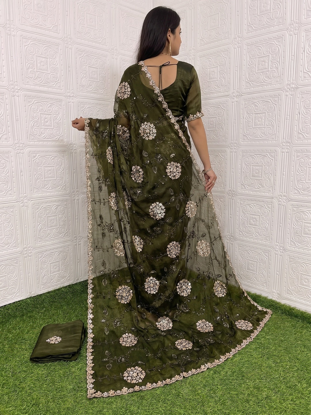 Green Sequins Embroidered Chiffon Saree - Image 3