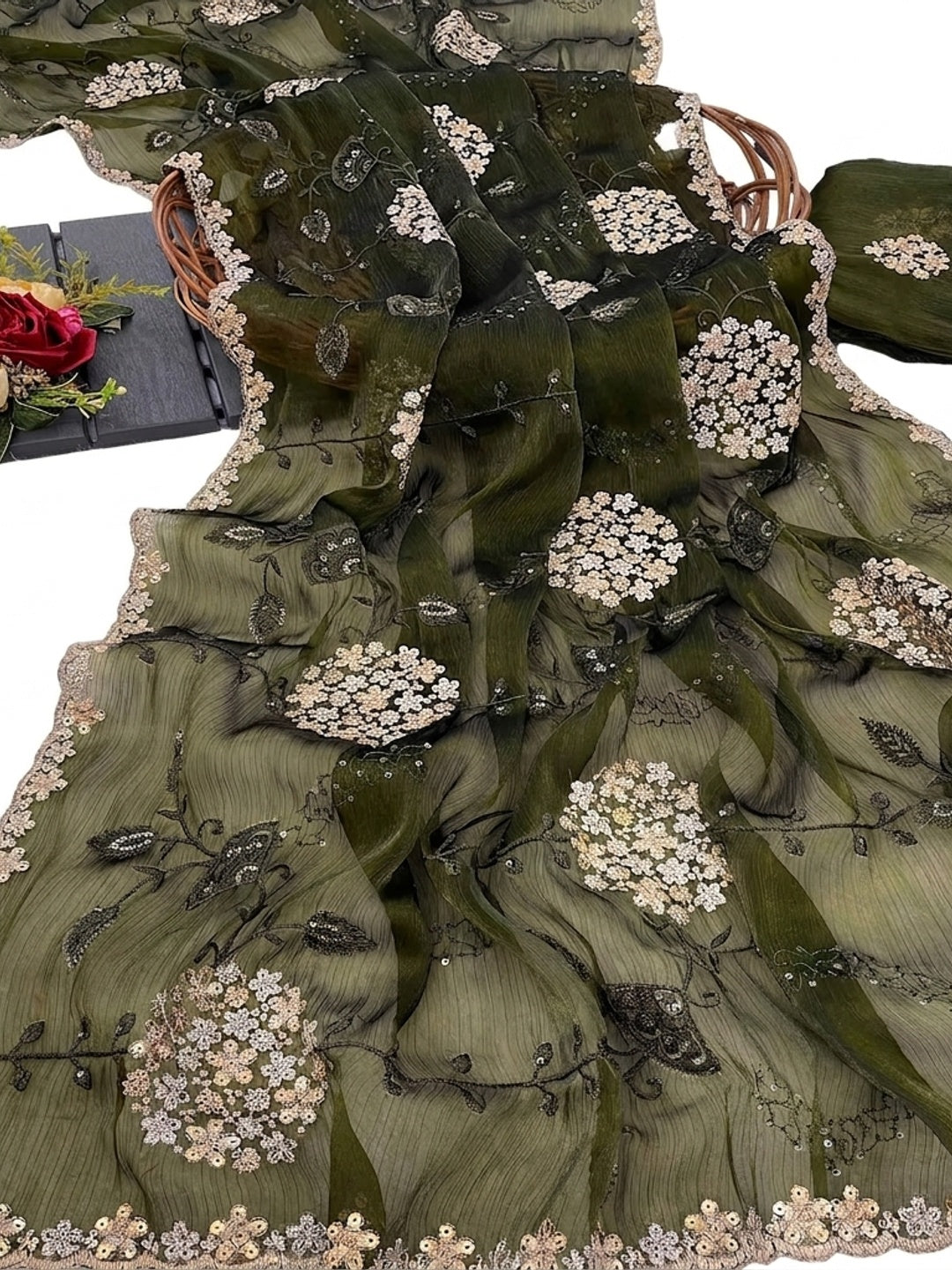 Green Sequins Embroidered Chiffon Saree - Image 2