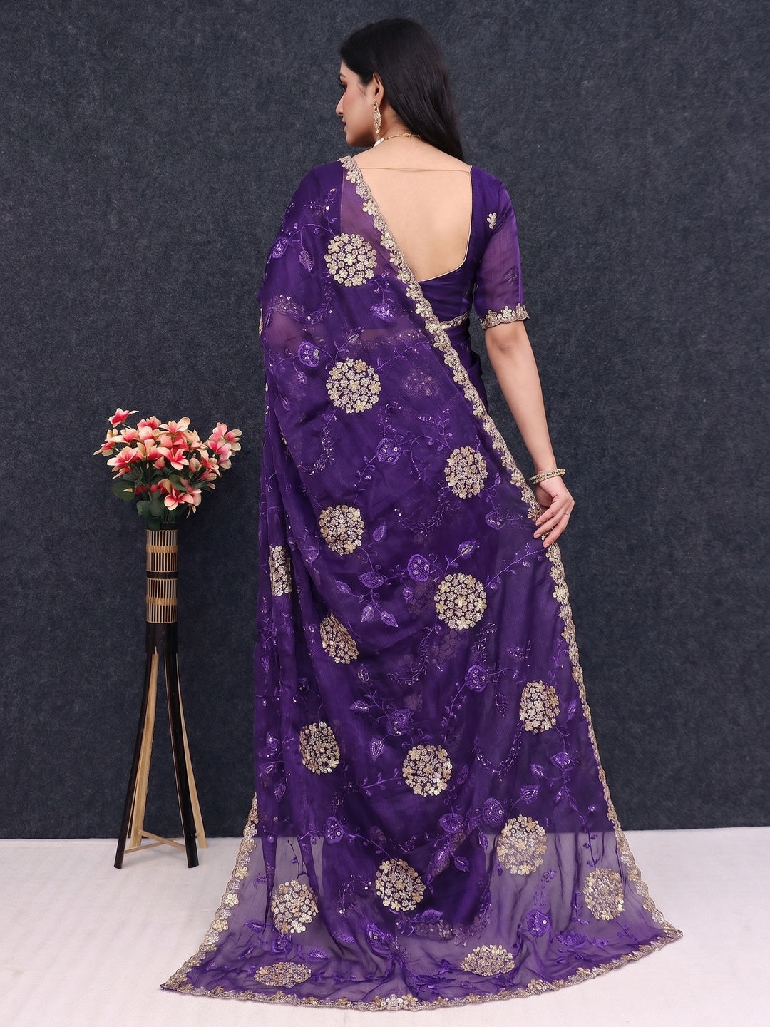 Violet Sequins Embroidered Chiffon Saree - Image 2