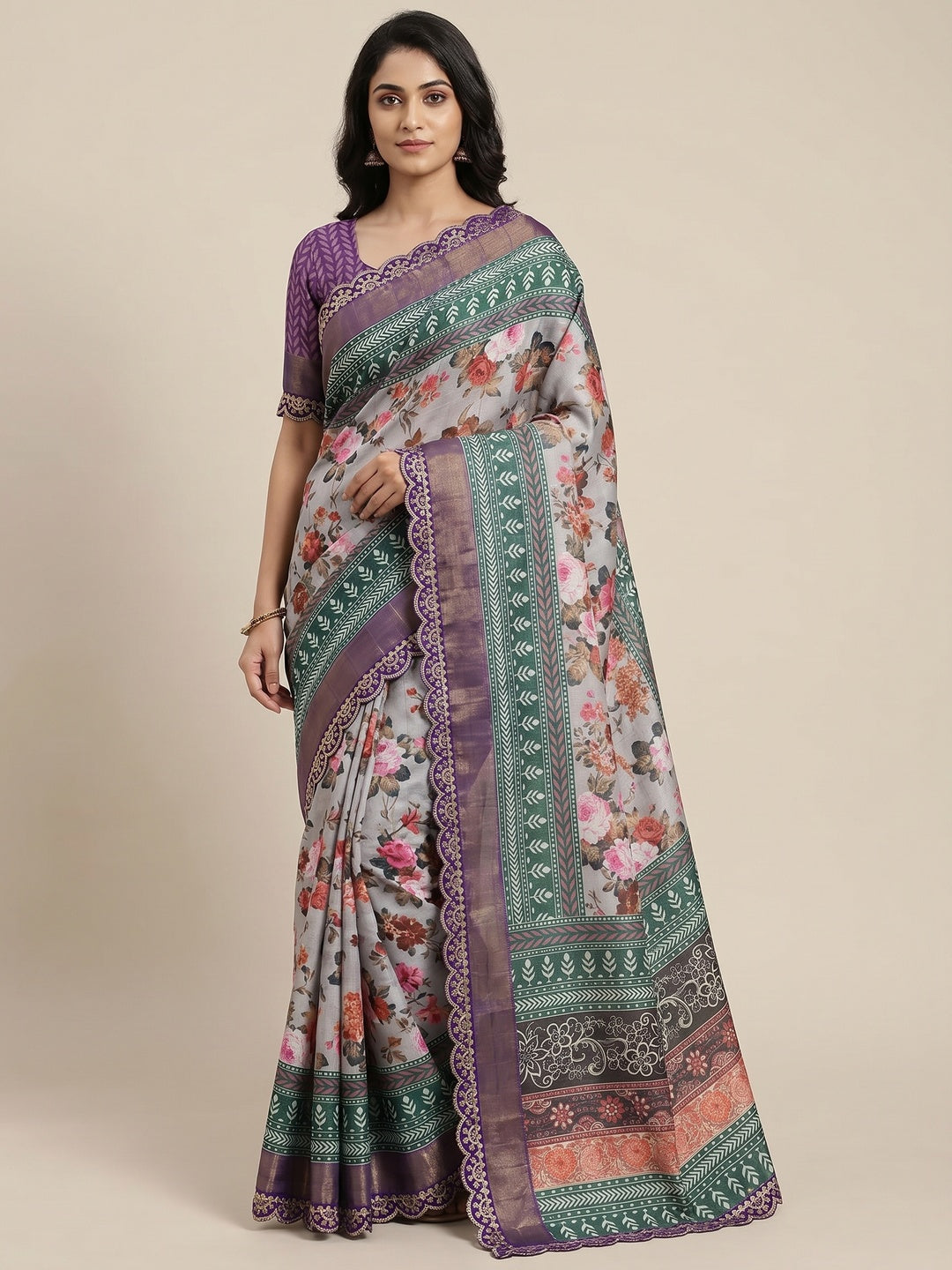 Grey Floral Digital Printed Tussar Silk Saree With Sequins Embroidered Border - Image 1