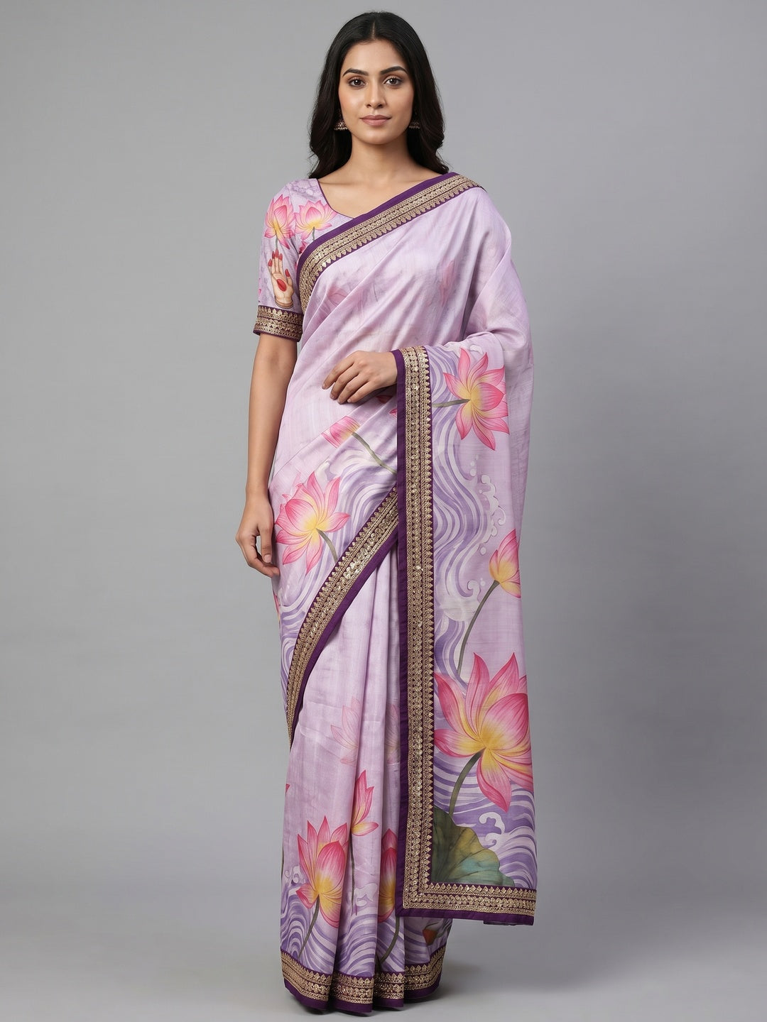 Light Lavender Floral Digital Printed Tussar Silk Saree With Sequins Embroidered Border - Image 1