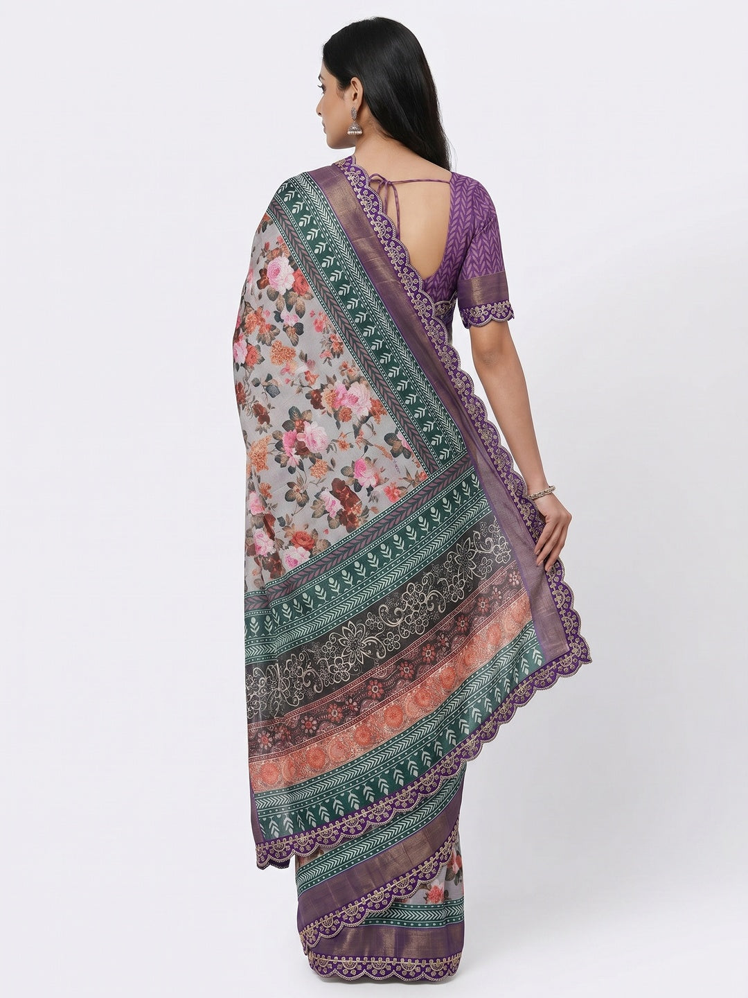 Grey Floral Digital Printed Tussar Silk Saree With Sequins Embroidered Border - Image 2