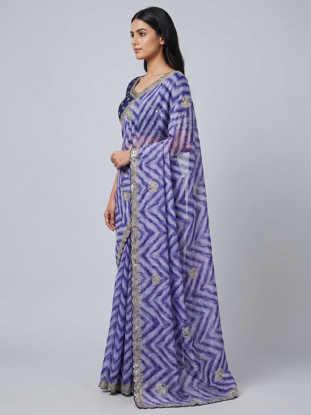 Blue Leheriya Printed With Sequins Embroidered Chinon Saree - Image 2