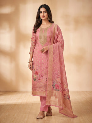 Pink Woven Work Organza Dress Material - Image 1