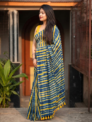 Blue & Yellow Shibori Printed Chanderi Saree - Image 1
