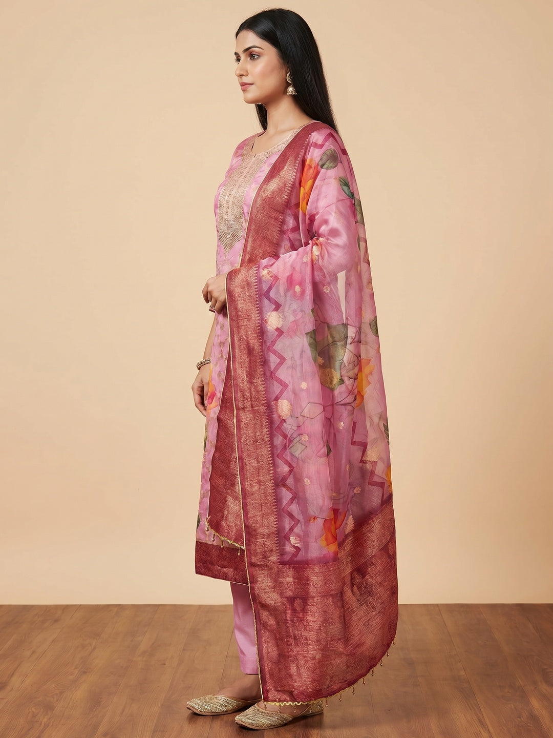 Pink Woven Work Organza Dress Material - Image 2