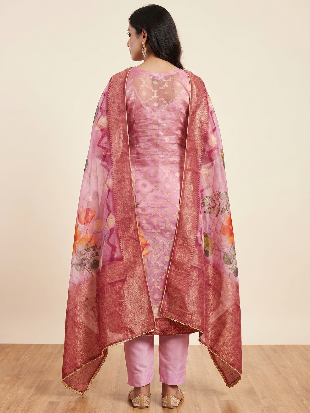 Pink Woven Work Organza Dress Material - Image 3