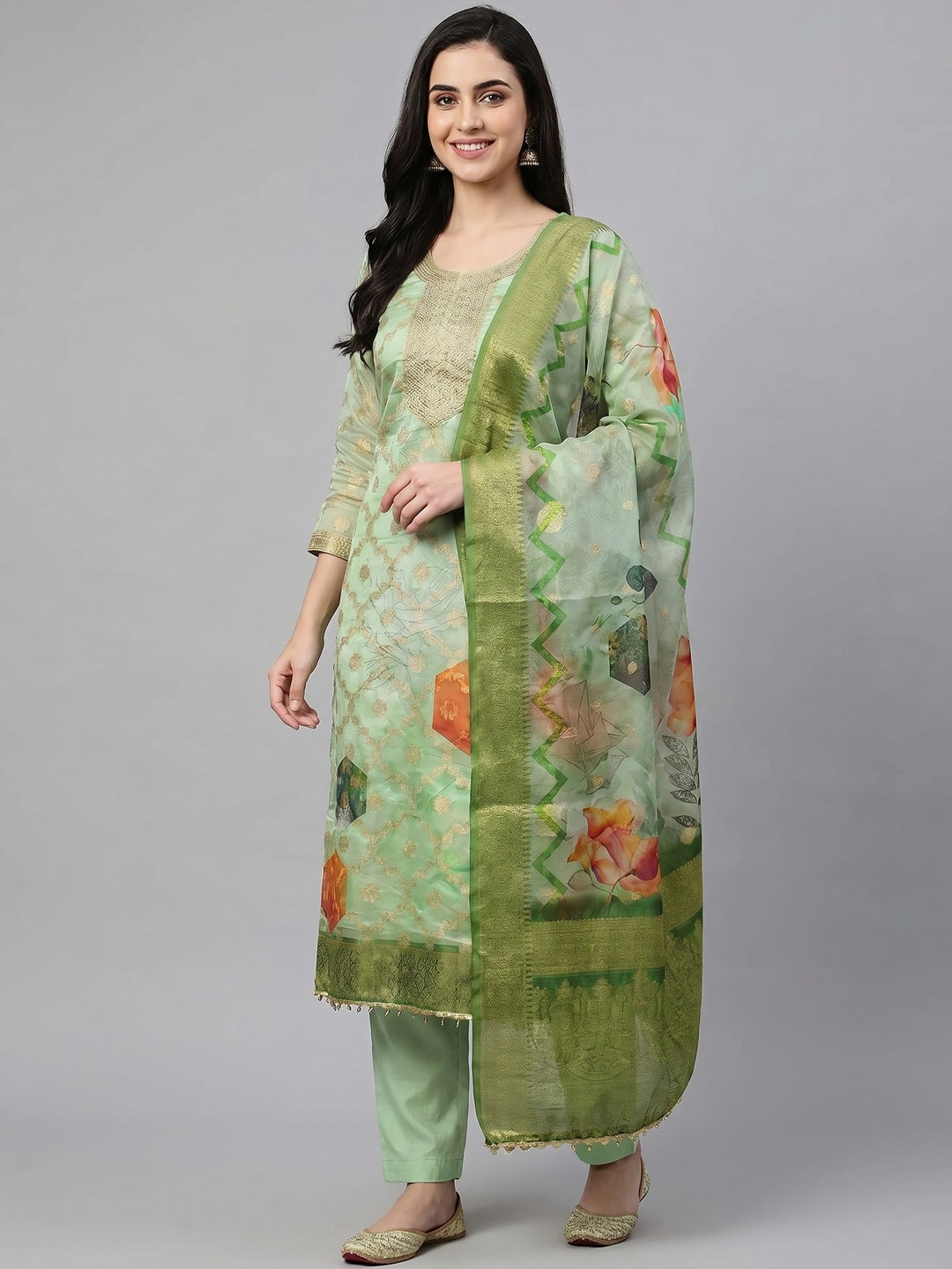 Green Woven Work Organza Dress Material - Image 1