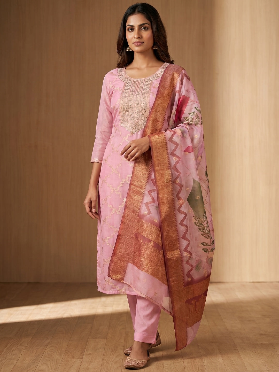Light Pink Woven Work Organza Dress Material - Image 1