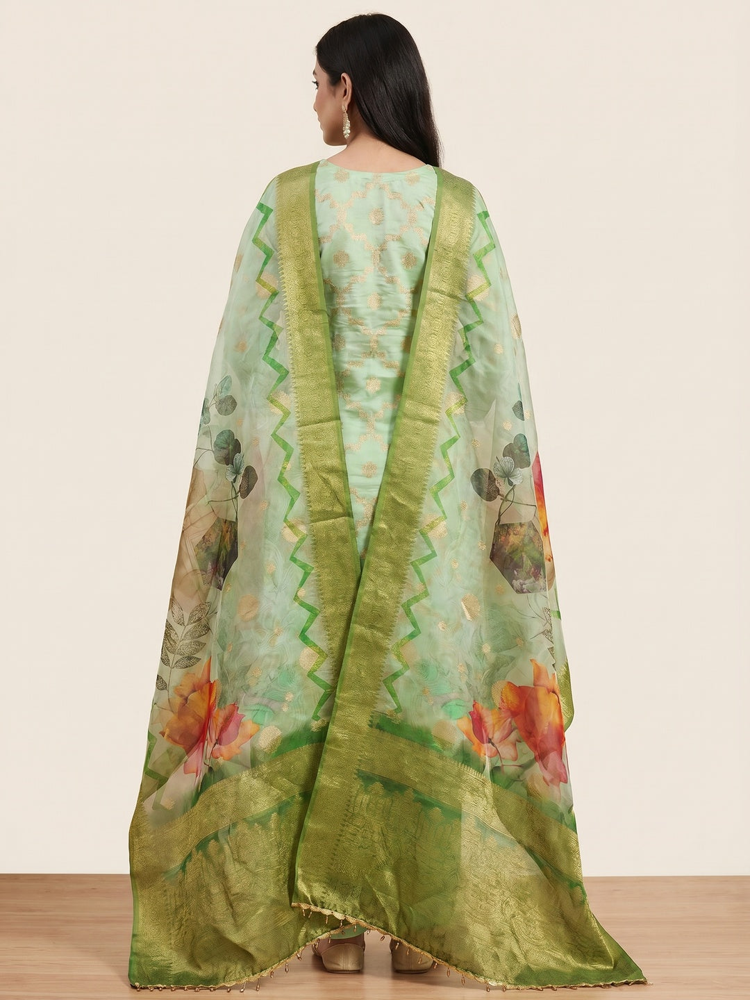 Green Woven Work Organza Dress Material - Image 3
