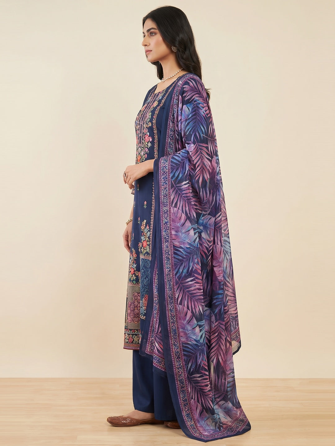 Blue Floral Printed Pure Cotton Dress Material - Image 3