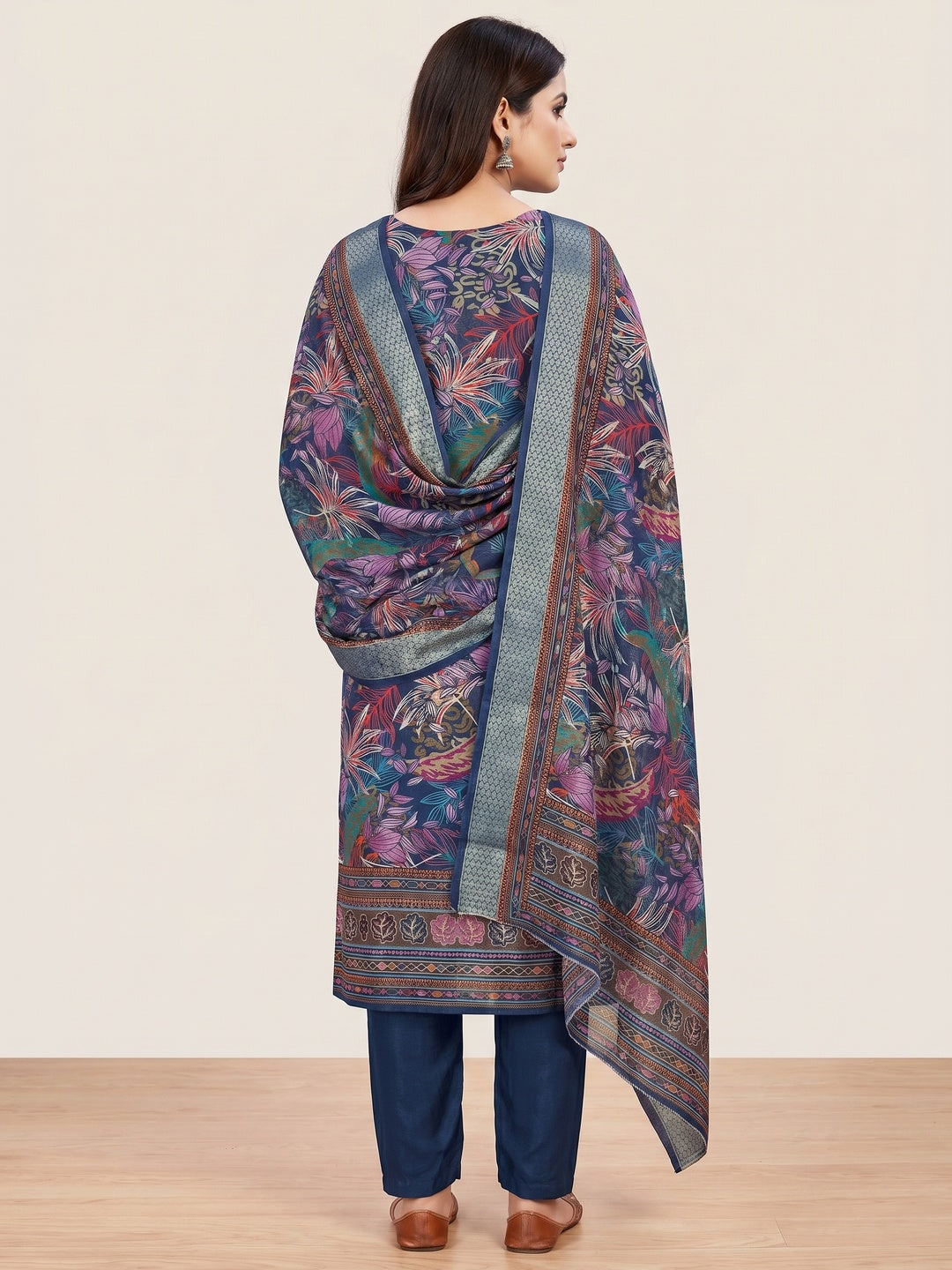 Blue Floral Printed Pure Cotton Dress Material - Image 2