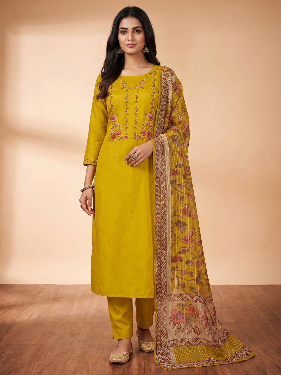 Mustard Floral Embroidered Chanderi Silk Dress Material - Image 1