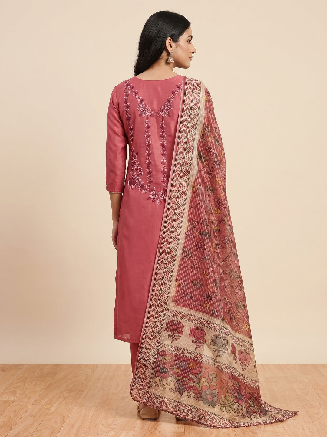 Gajari Pink  Floral Embroidered Chanderi Silk Dress Material - Image 3