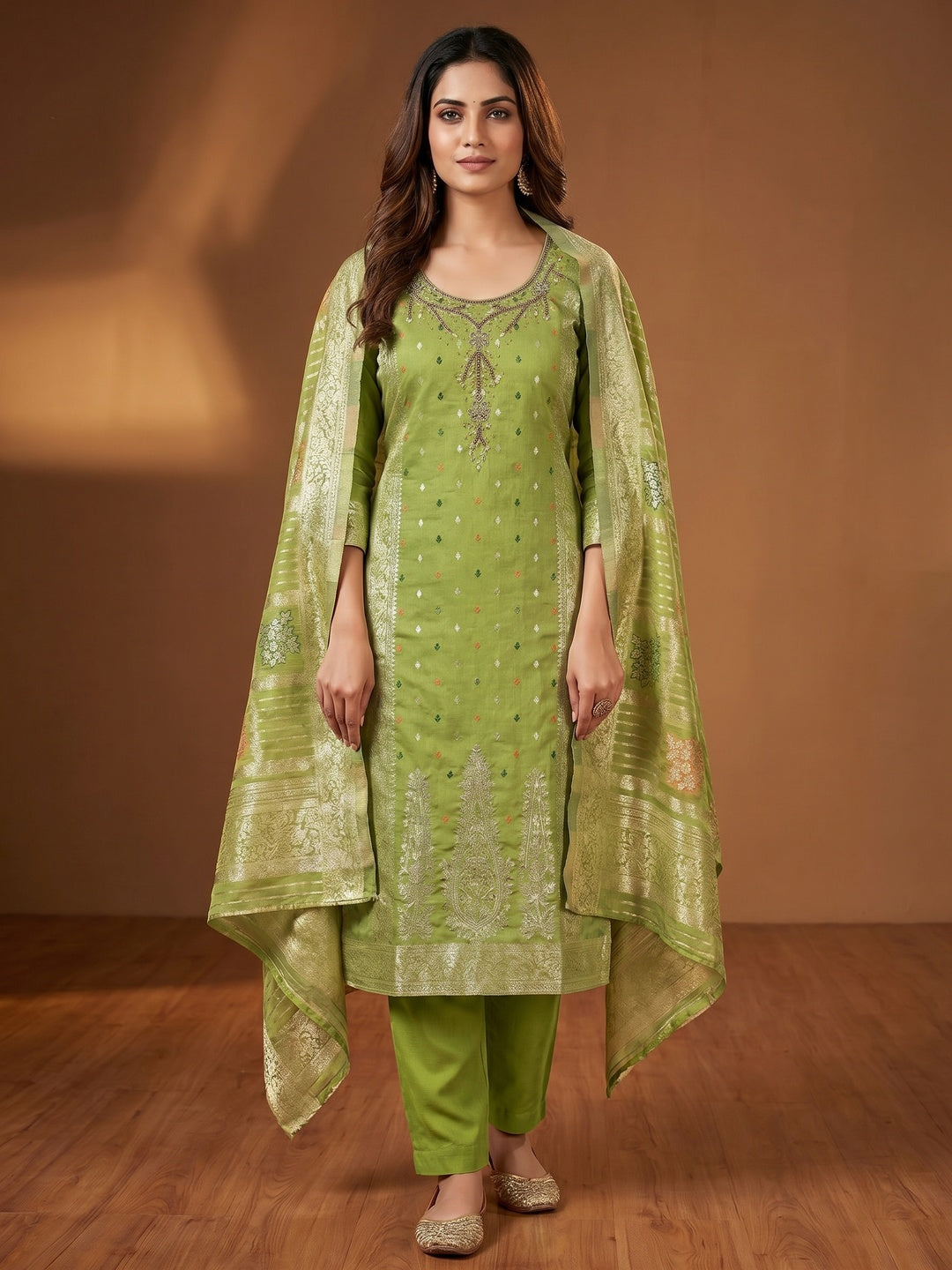 Green Woven With Handwork Simmer Jacquard Dress Material - Image 1