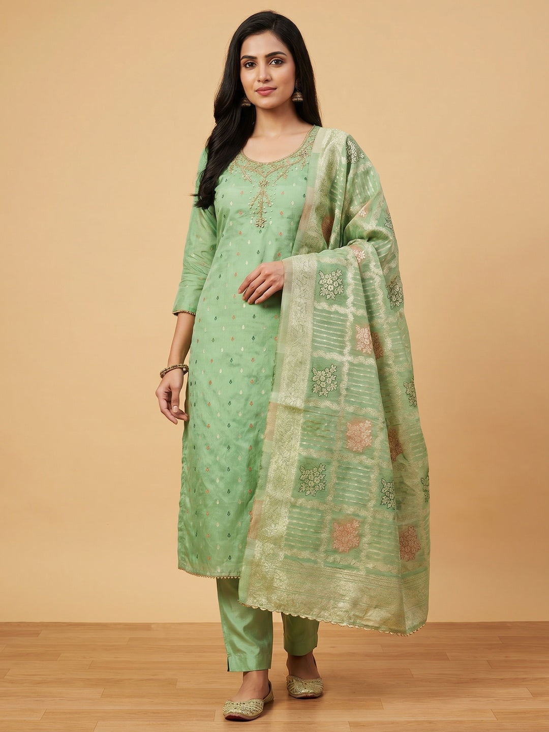 Pista Green Woven With Handwork Simmer Jacquard Dress Material - Image 1