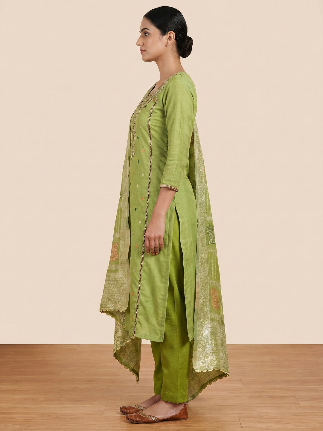 Green Woven With Handwork Simmer Jacquard Dress Material - Image 2