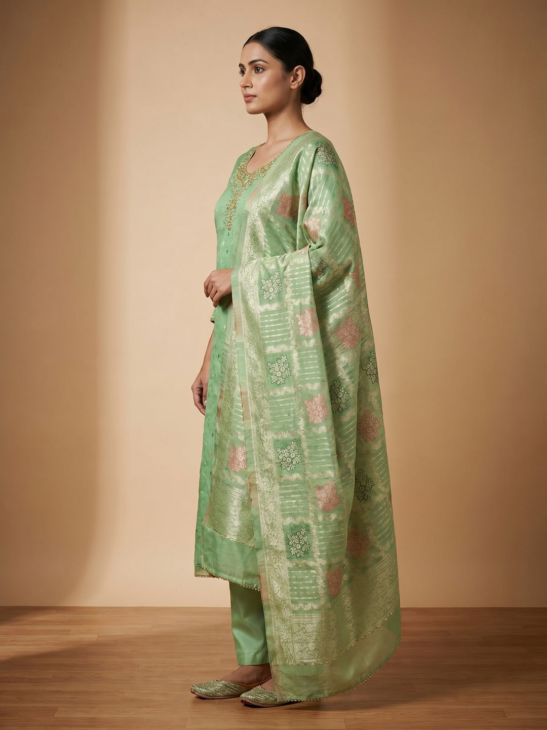 Pista Green Woven With Handwork Simmer Jacquard Dress Material - Image 3