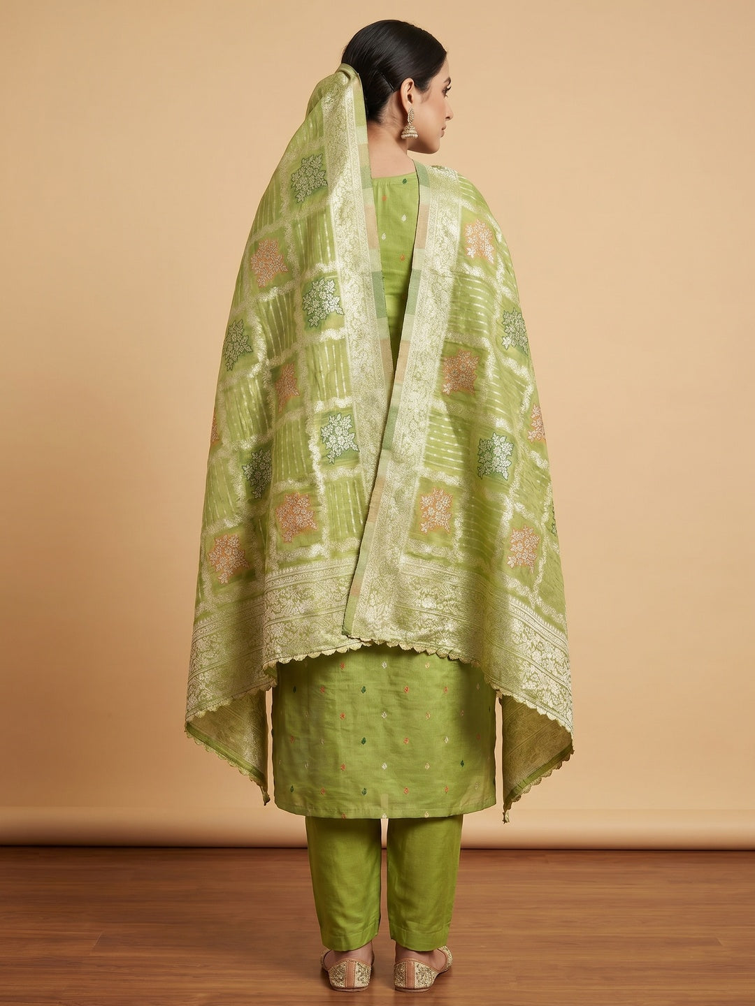 Green Woven With Handwork Simmer Jacquard Dress Material - Image 3