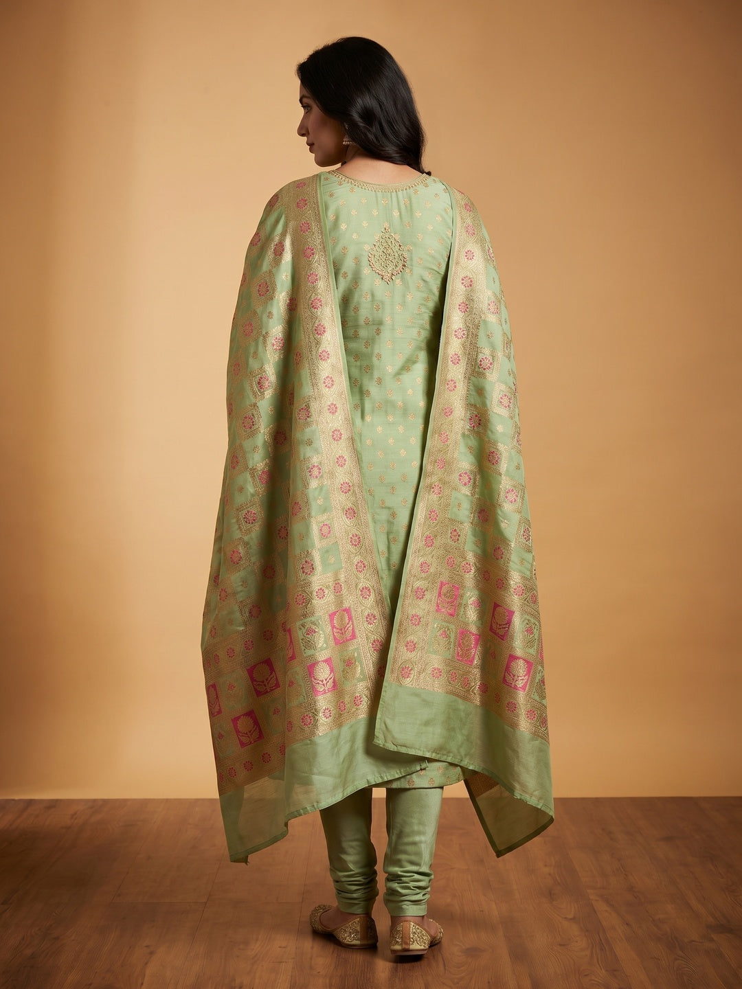 Pista Green Woven With Handwork Simmer Jacquard Dress Material - Image 2