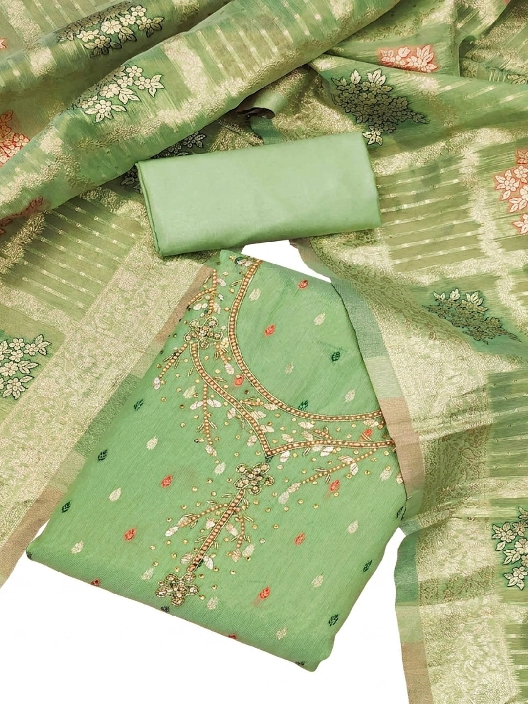 Pista Green Woven With Handwork Simmer Jacquard Dress Material - Image 4