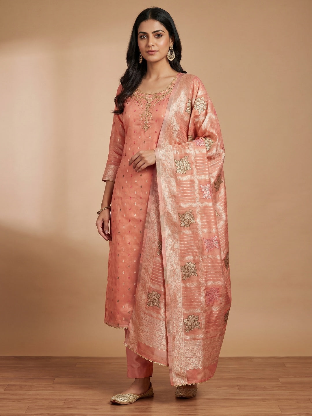 Peach Woven With Handwork Simmer Jacquard Dress Material - Image 1