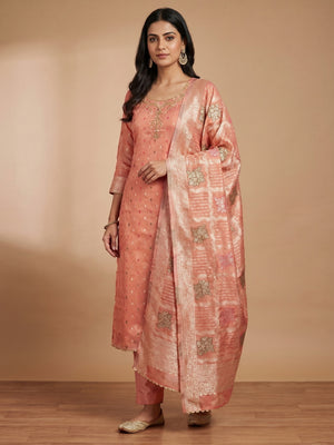 Peach Woven With Handwork Simmer Jacquard Dress Material - Image 1