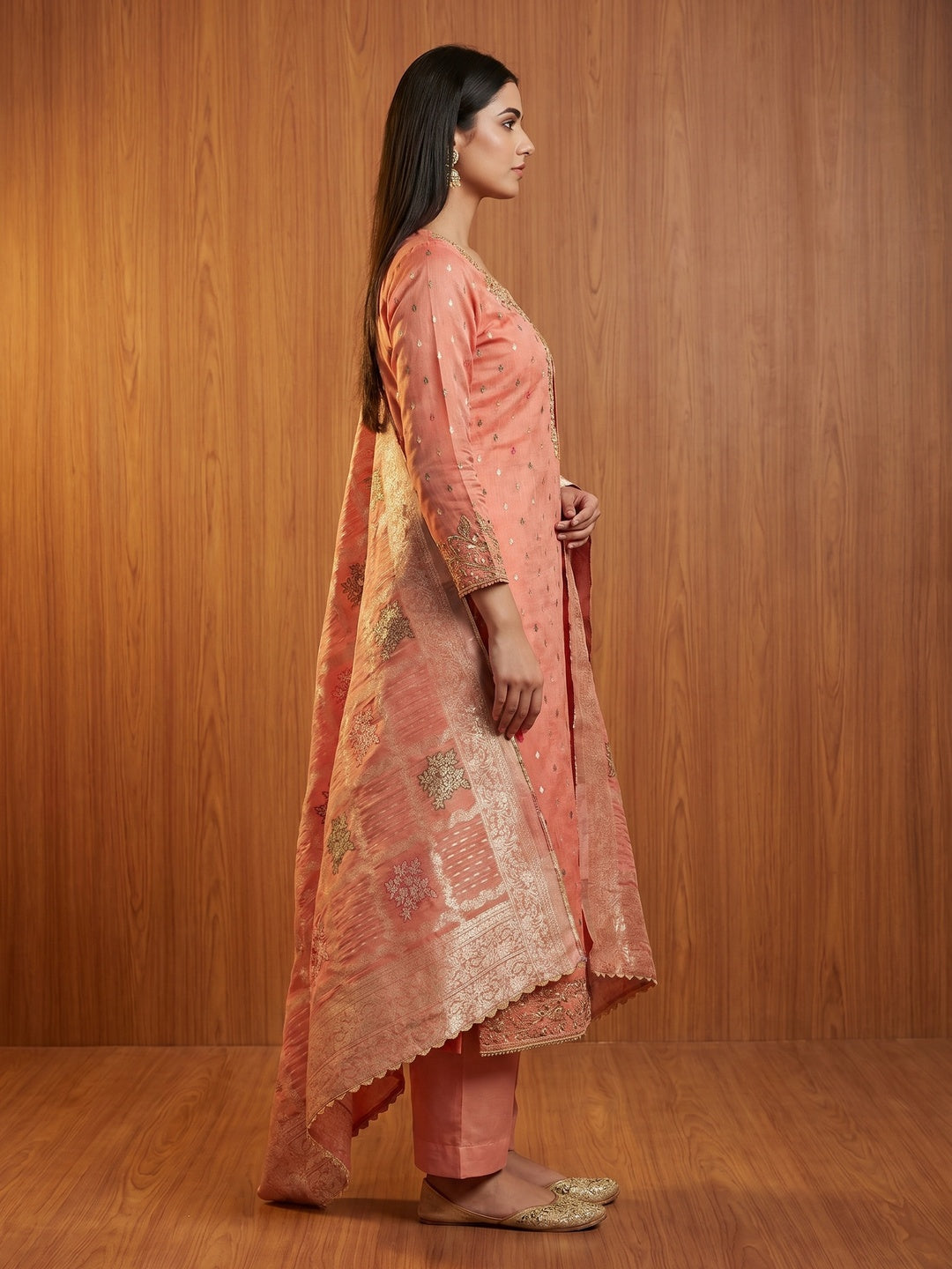 Peach Woven With Handwork Simmer Jacquard Dress Material - Image 3