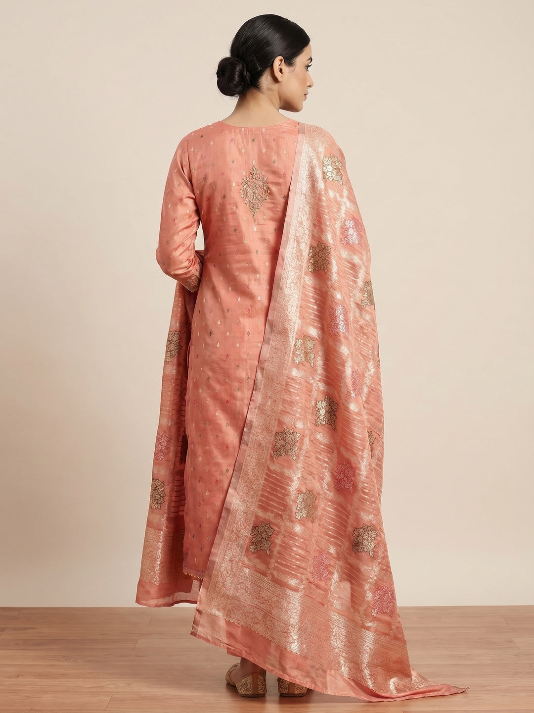 Peach Woven With Handwork Simmer Jacquard Dress Material - Image 2