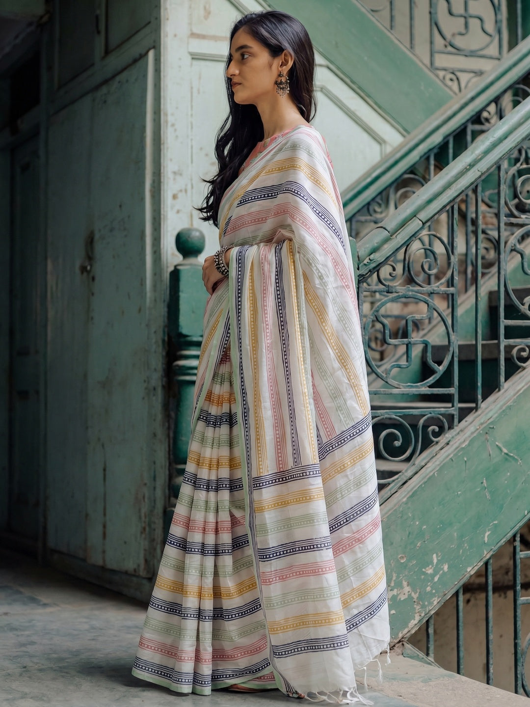 White Kalamari Printed Chanderi Saree - Image 1