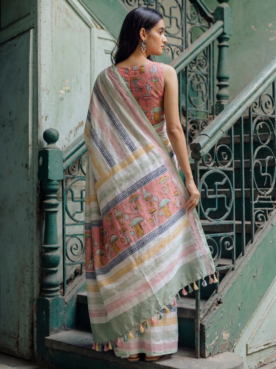 White Kalamari Printed Chanderi Saree - Image 2