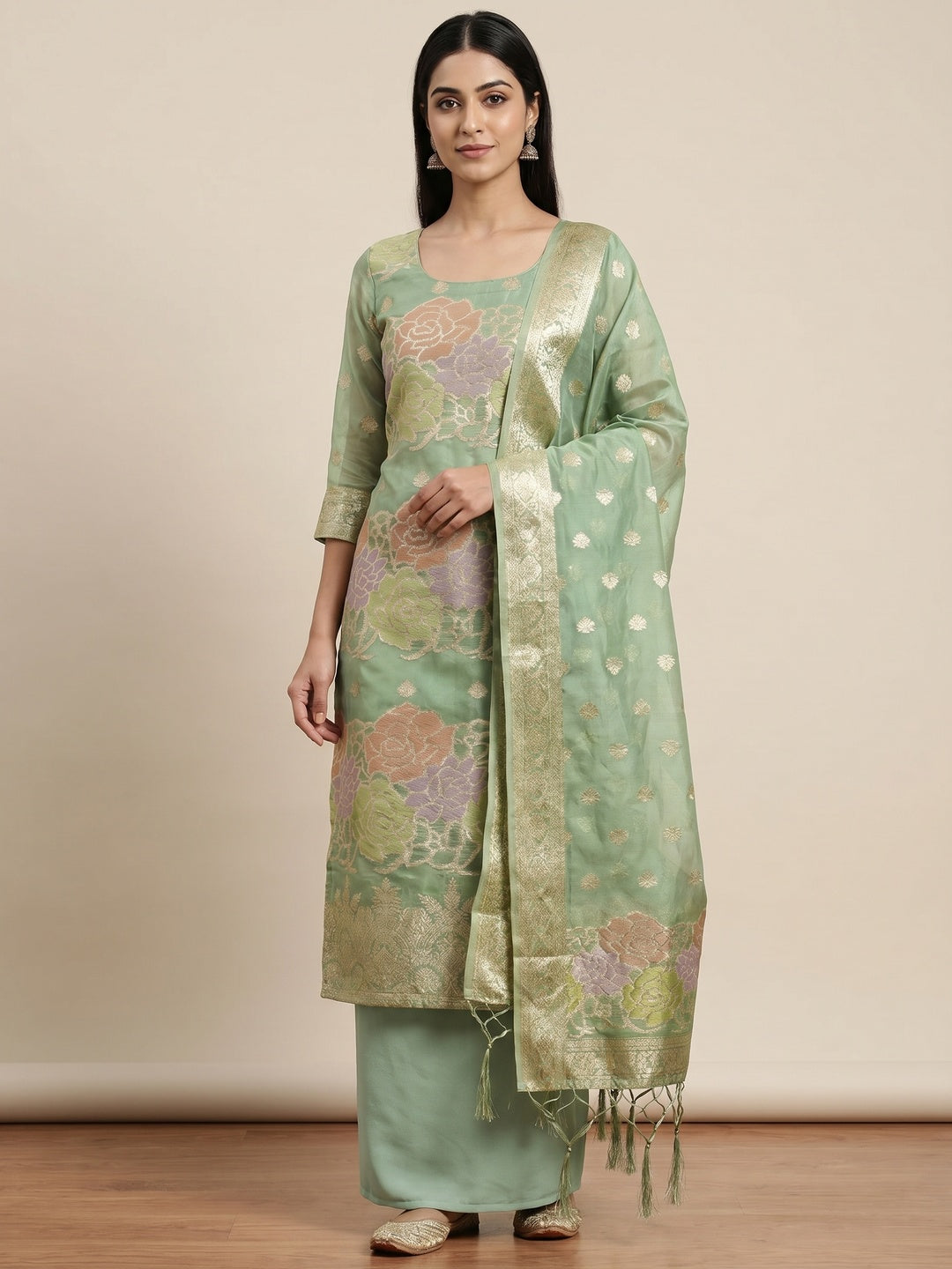 Green Floral Woven Organza Dress Material - Image 1