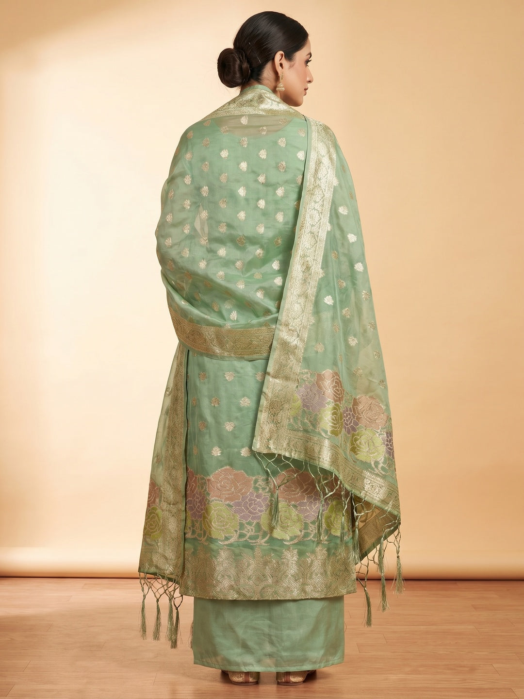Green Floral Woven Organza Dress Material - Image 2