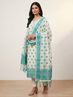 Offwhite & Teal Floral Woven Chanderi Dress Material - Image 1