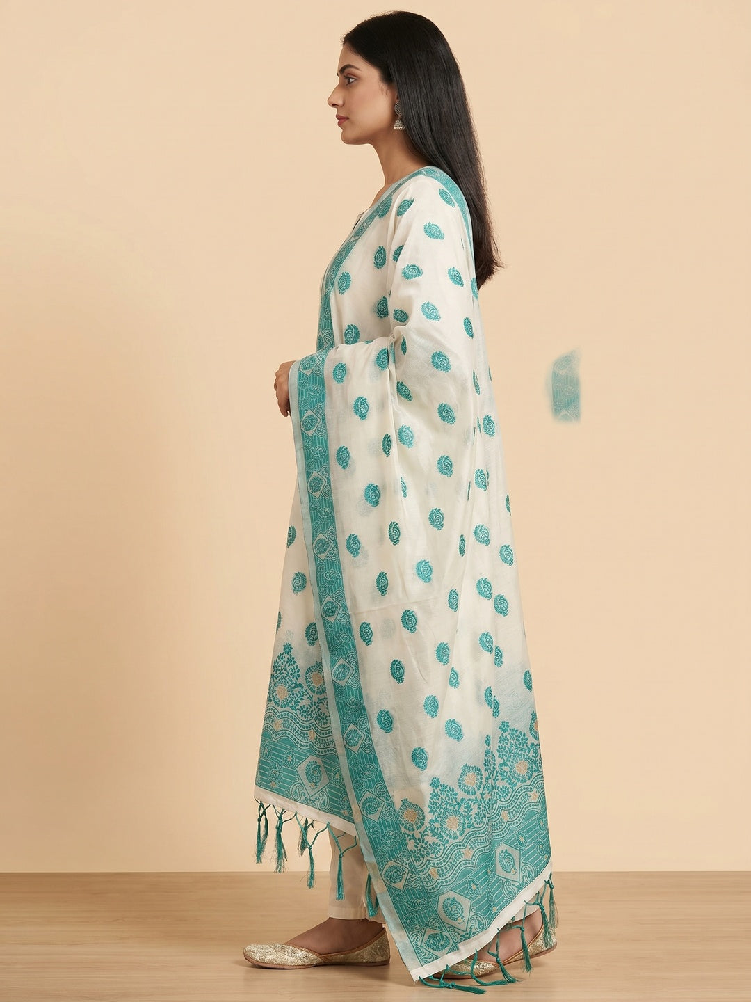 Offwhite & Teal Floral Woven Chanderi Dress Material - Image 2