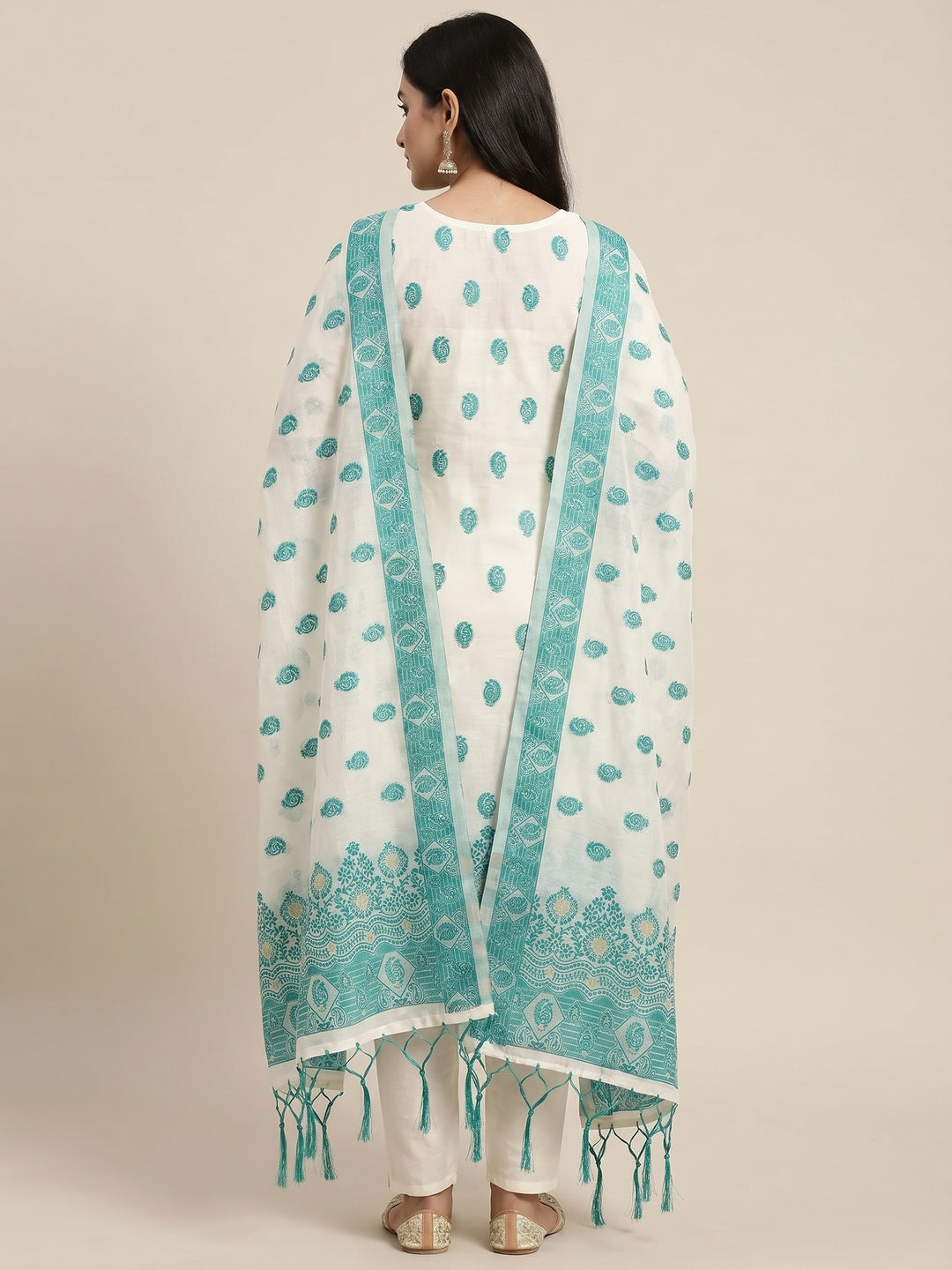 Offwhite & Teal Floral Woven Chanderi Dress Material - Image 3