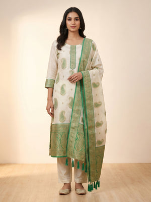 Offwhite & Green Floral Woven Chanderi Dress Material - Image 1
