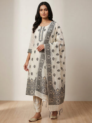 Offwhite & Black Floral Woven Chanderi Dress Material - Image 1