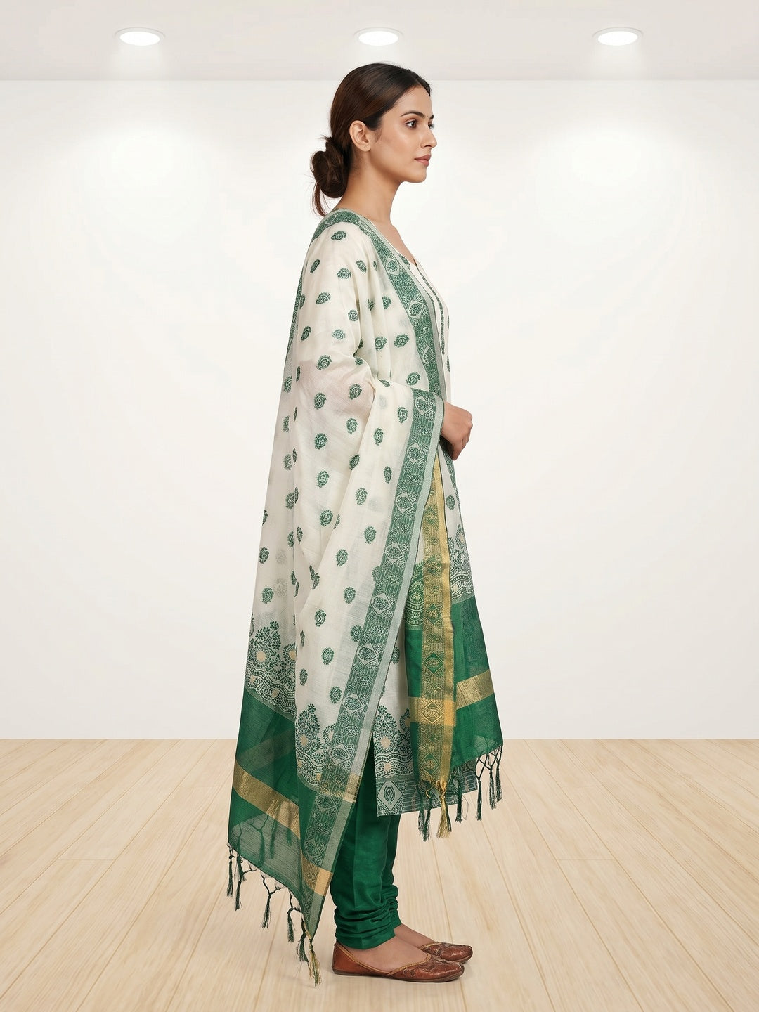 Offwhite & Green Floral Woven Chanderi Dress Material - Image 2